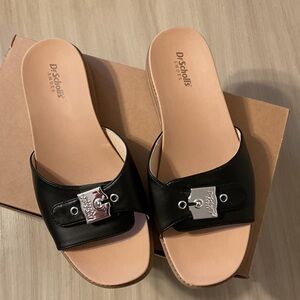 Dr. Scholl's Black Leather Mules with Silver Buckle. Wide